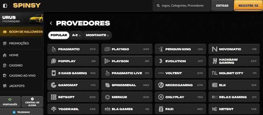 Visualize todos os provedores de jogos disponíveis