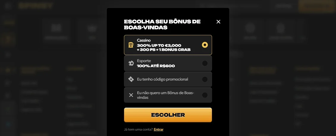 Escolha bônus boas-vindas casino.